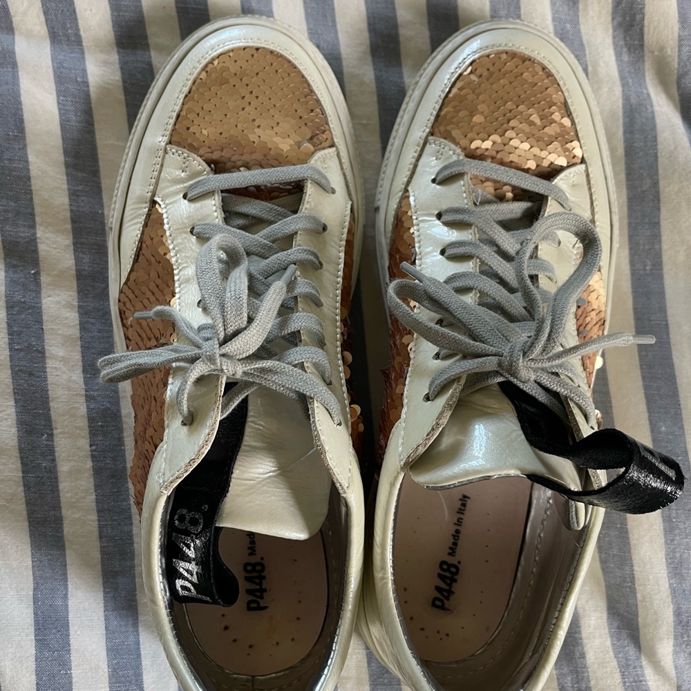 P448 gold sequined leather sneakers, size 39